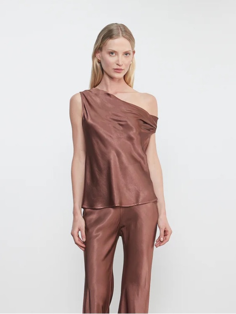 Enza Costa satin bias off the shoulder top in nutmeg